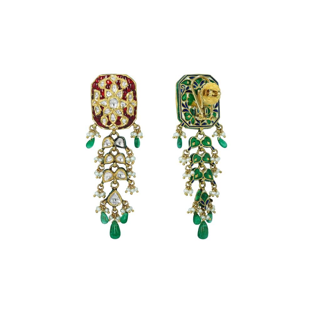 Rectangular Polki Earrings with Red Talaf, Emerald, and Pearl Drops